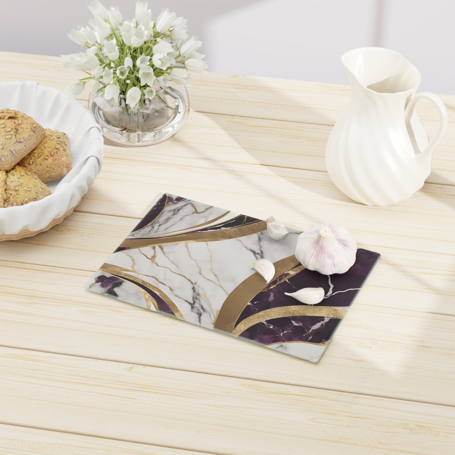 Tempered Glass Marble Cutting Board | Plum-Gold-Ivory