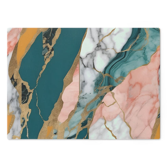 Tempered Glass Marble Cutting Board | Teal-Coral-Mustard Yellow