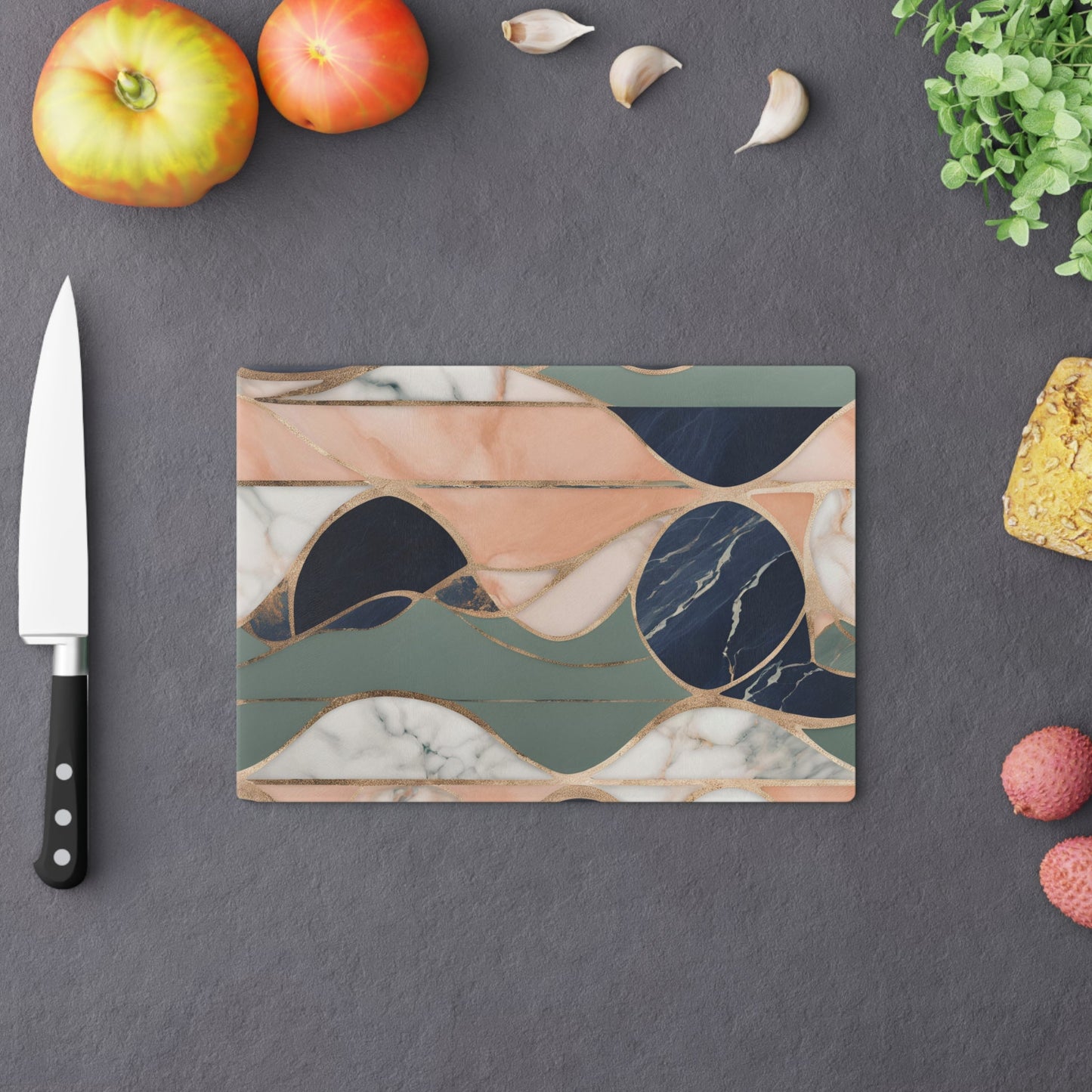 Tempered Glass Marble Cutting Board | Navy Blue-Peach-Sage