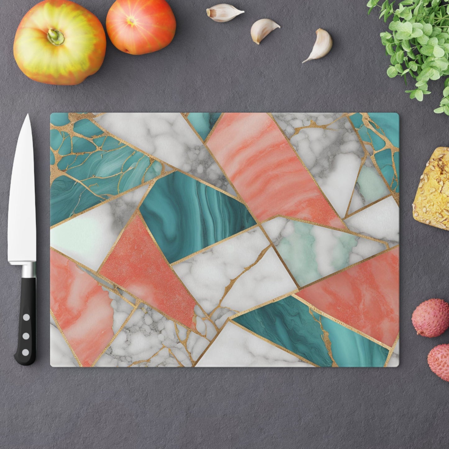 Tempered Glass Marble Cutting Board | Turquoise-Coral-White