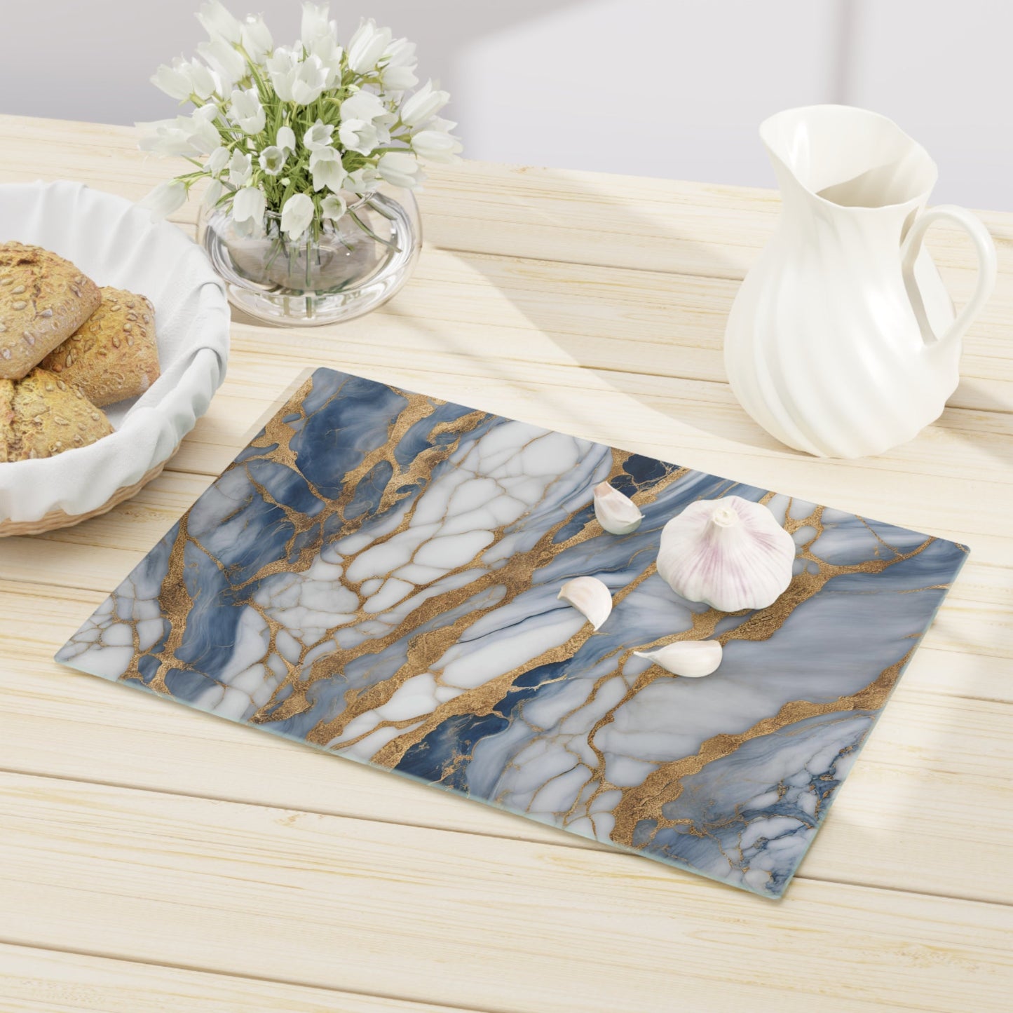 Tempered Glass Marble Cutting Board | Blue-White-Gold