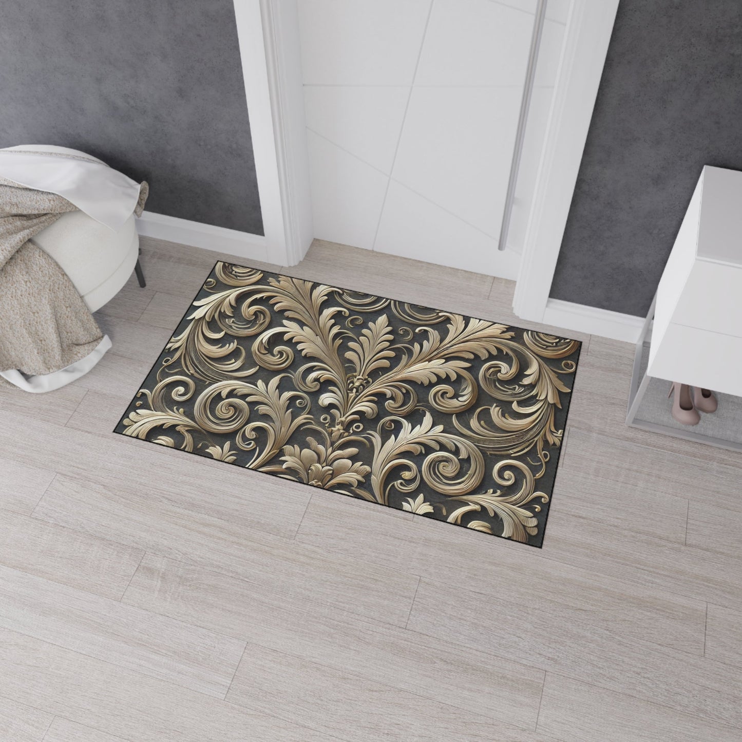 Floor Mat - Elegant Scrolled Filigree Pattern Design with Metallic Accents