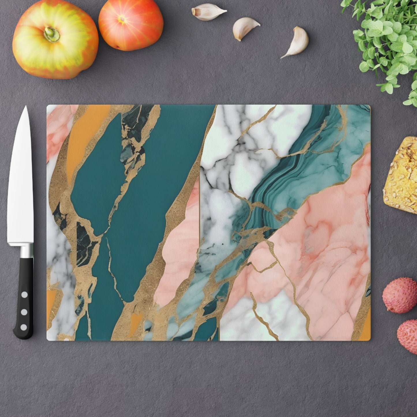 Tempered Glass Marble Cutting Board | Teal-Coral-Mustard Yellow