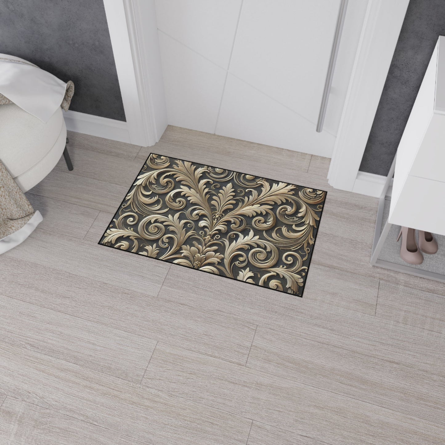 Floor Mat - Elegant Scrolled Filigree Pattern Design with Metallic Accents