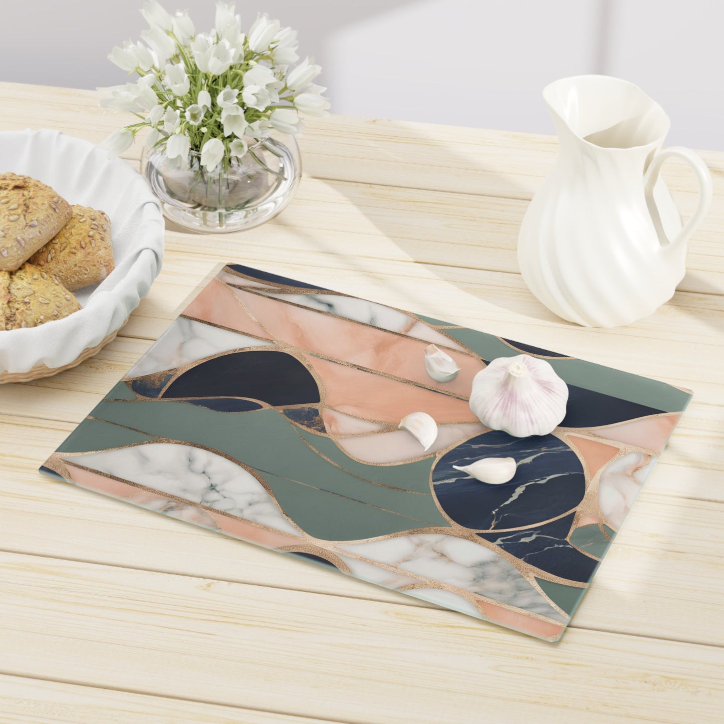 Tempered Glass Marble Cutting Board | Navy Blue-Peach-Sage