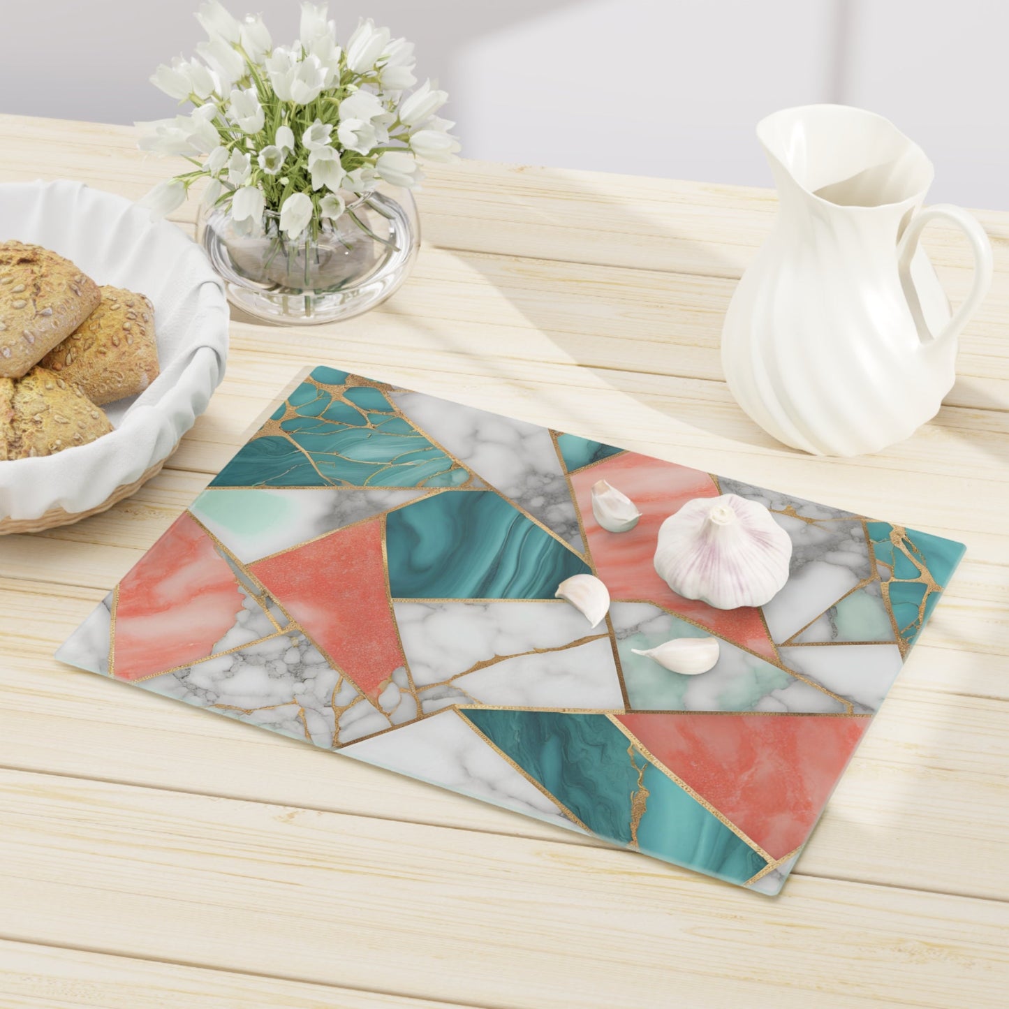 Tempered Glass Marble Cutting Board | Turquoise-Coral-White