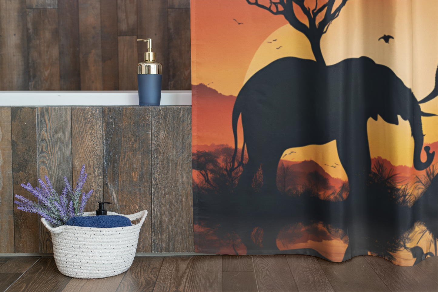 Elephant Silhouettes Against Radiant Sunset | Shower Curtain