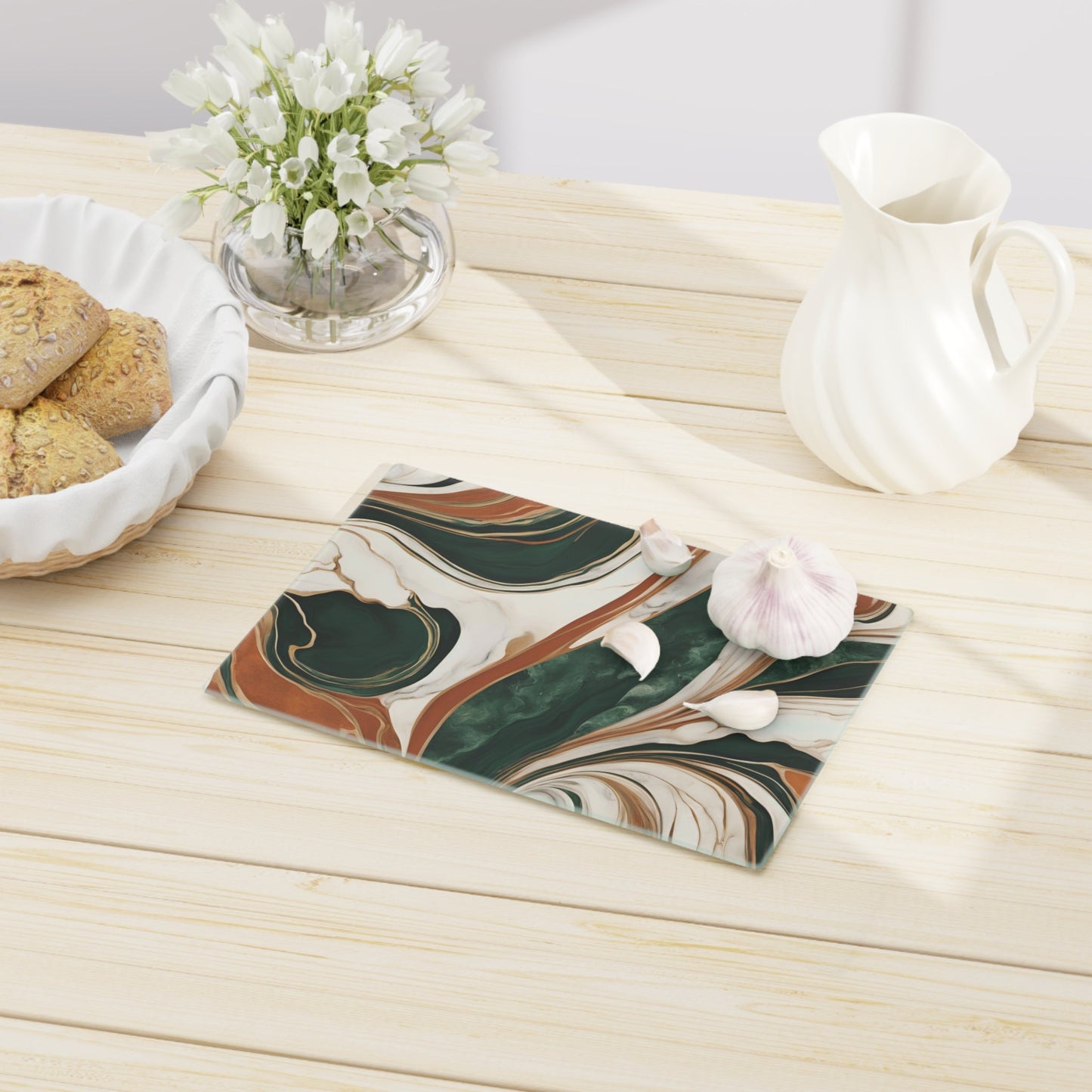 Tempered Glass Marble Cutting Board | Forest Green-Burnt Orange-Cream