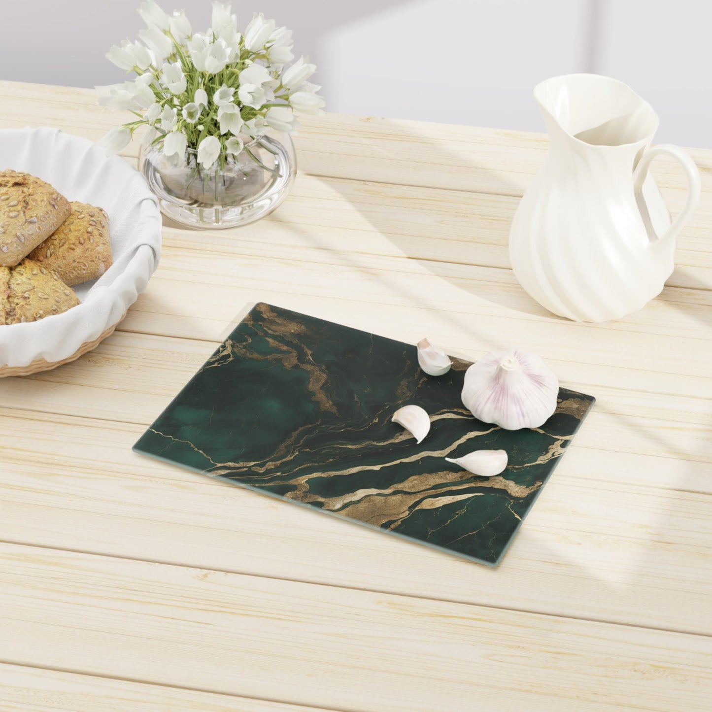 Tempered Glass Marble Cutting Board | White and Gold Accents