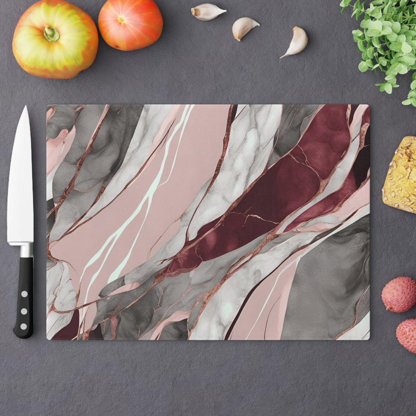 Tempered Glass Marble Cutting Board | Burgundy, Dust Pink, and Gray