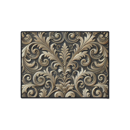 Floor Mat - Elegant Scrolled Filigree Pattern Design with Metallic Accents