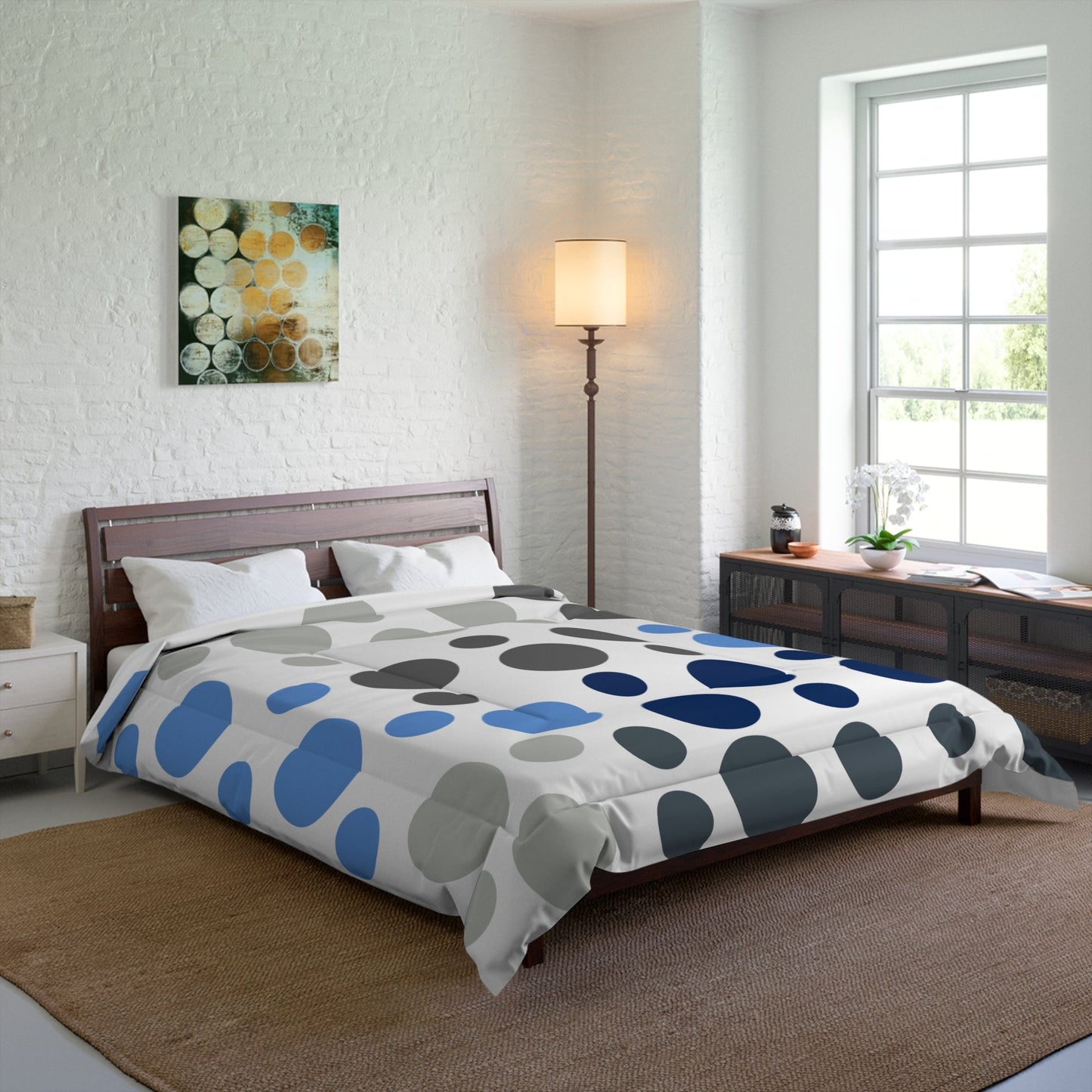 Comforter | Modern Circles Pattern in Shades of Gray and Blue