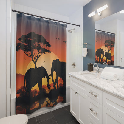 Elephant Silhouettes Against Radiant Sunset | Shower Curtain