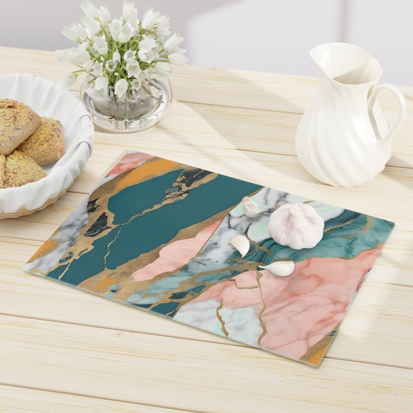 Tempered Glass Marble Cutting Board | Teal-Coral-Mustard Yellow