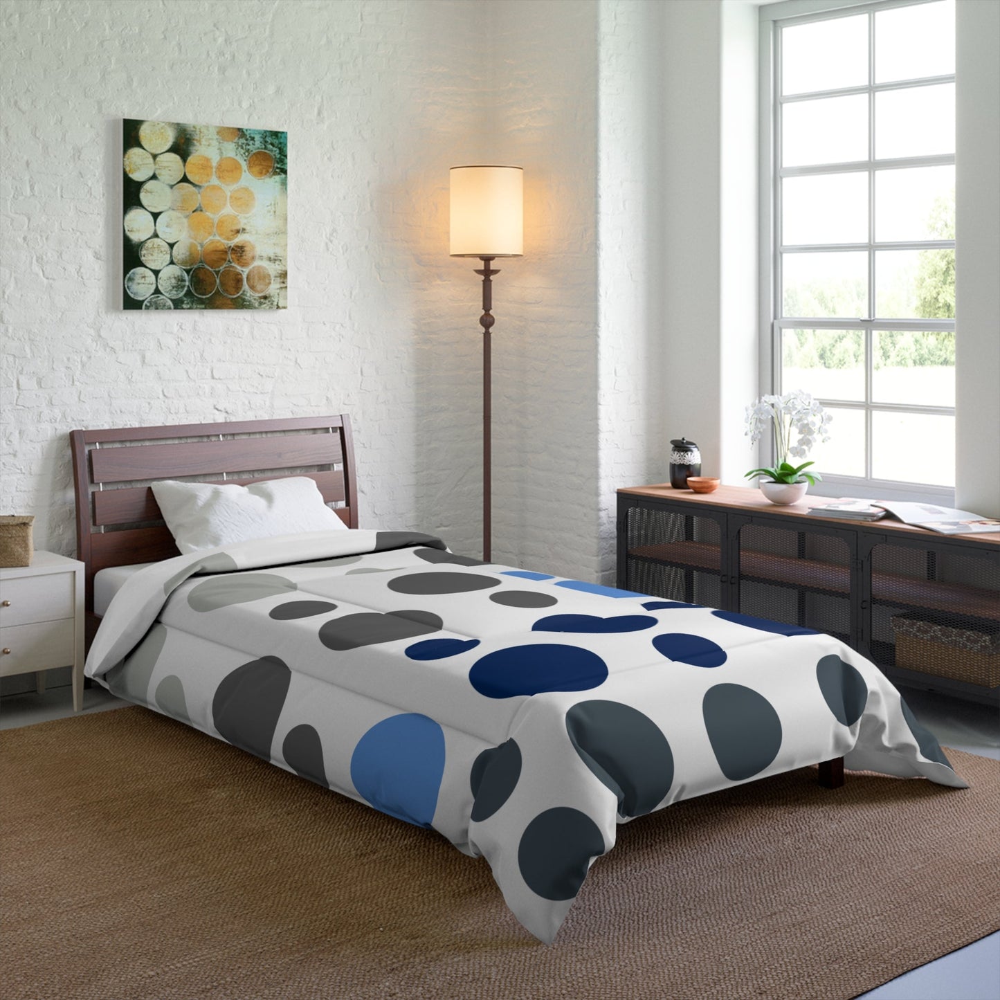 Comforter | Modern Circles Pattern in Shades of Gray and Blue