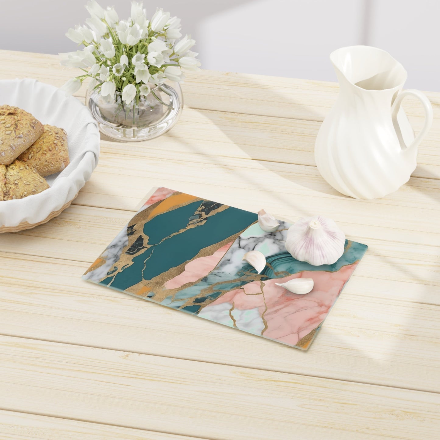 Tempered Glass Marble Cutting Board | Teal-Coral-Mustard Yellow