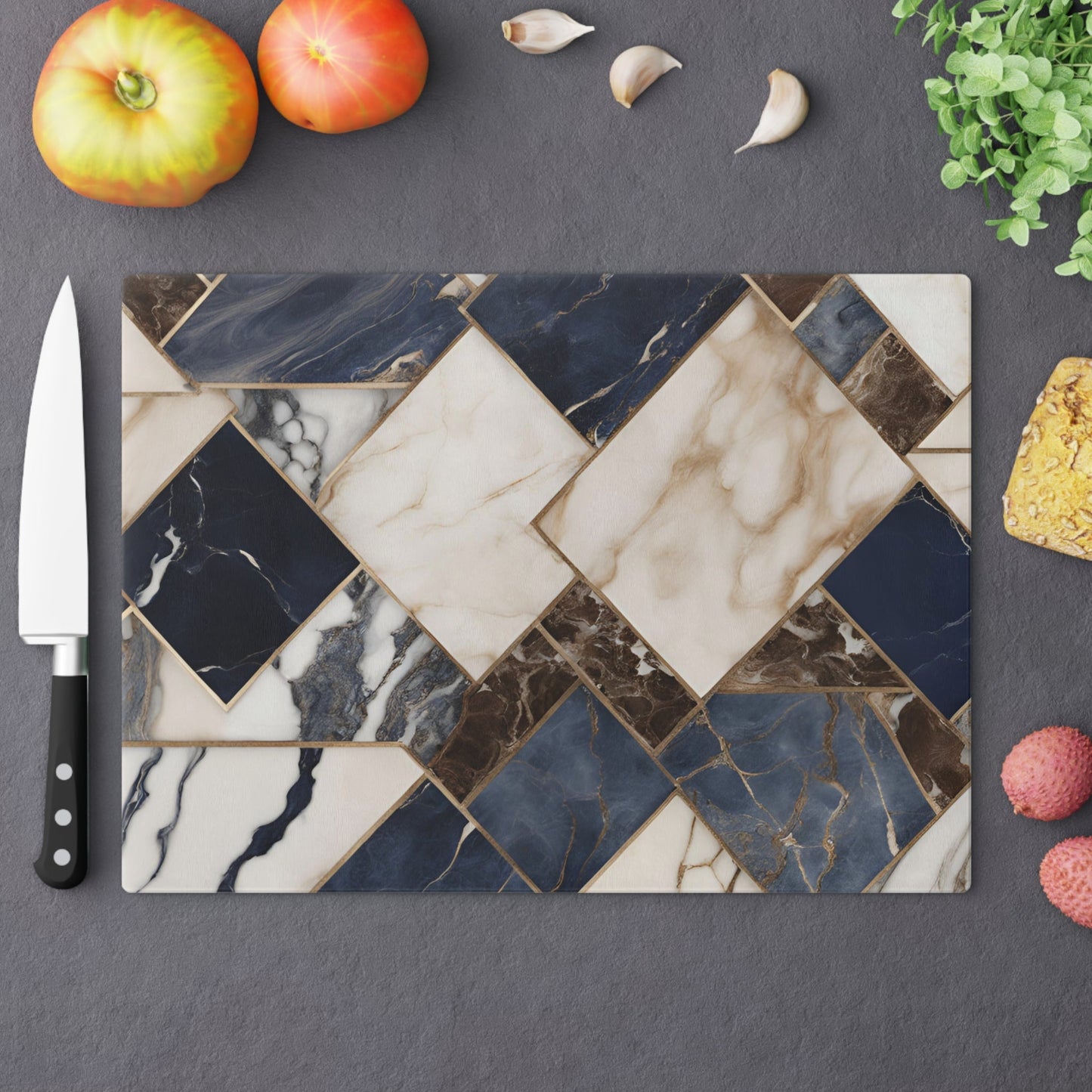 Tempered Glass Marble Cutting Board | Blue-Brown-Cream