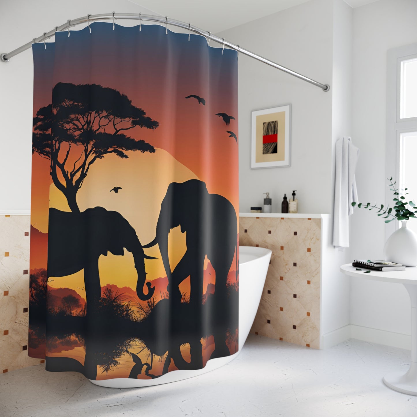 Elephant Silhouettes Against Radiant Sunset | Shower Curtain